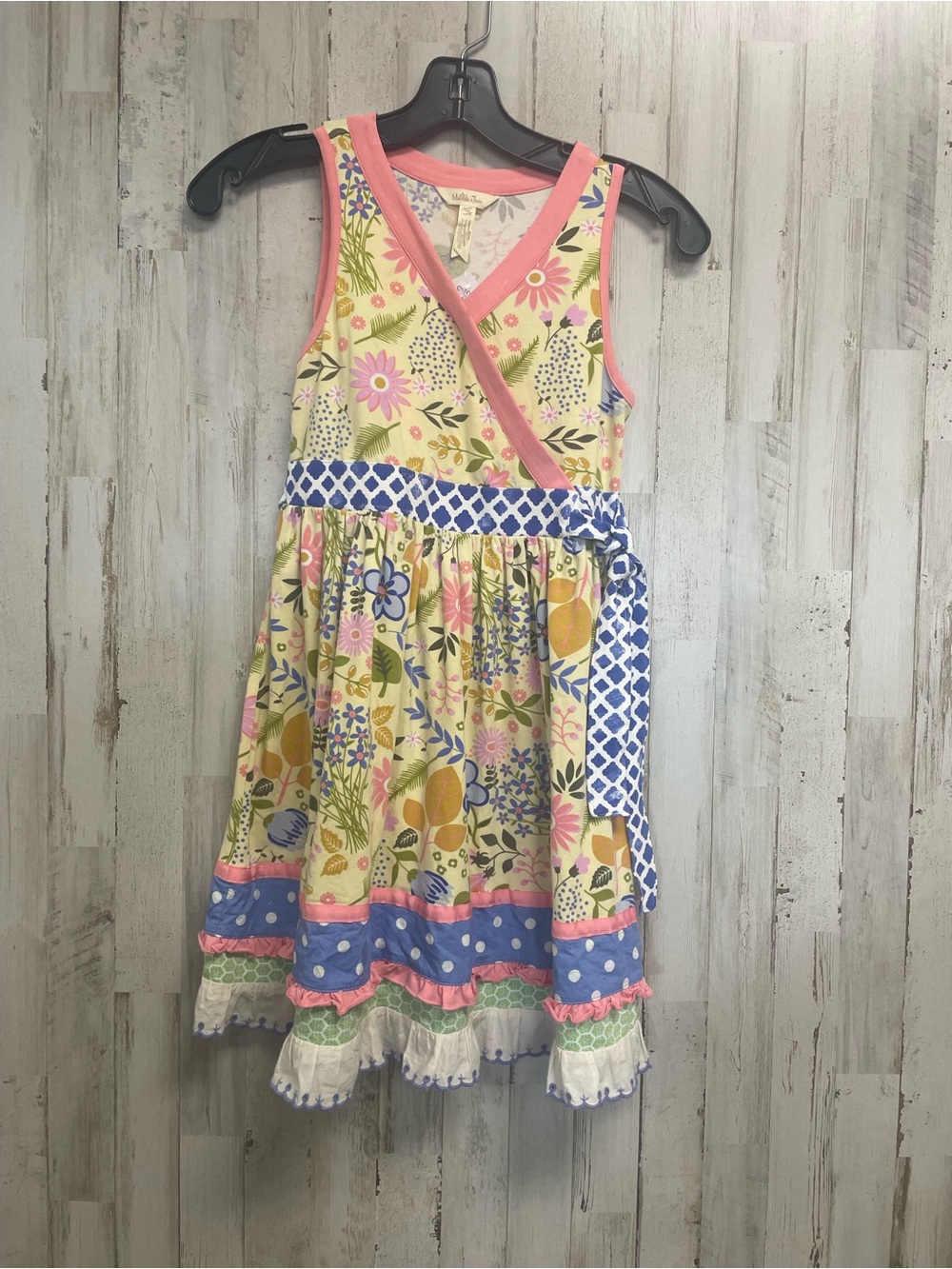 Matilda Jane Yellow Floral Wrap-Style Dress with Blue Sash and Pink Trim sz 10